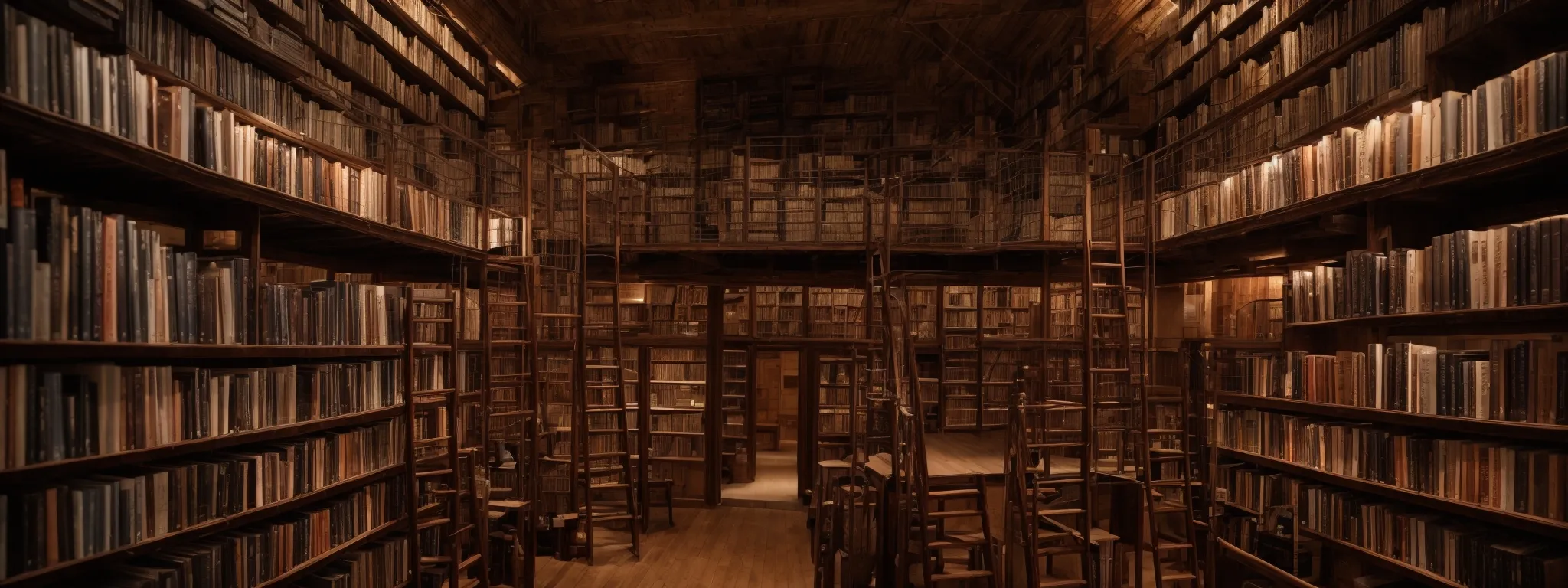a vast library with interlinked ladders and books symbolizing the interconnected web of seo link building.