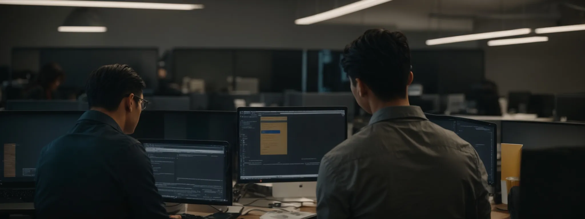 two web developers intently scrutinize a website's backlink profile on their computer screens in a brightly lit office.