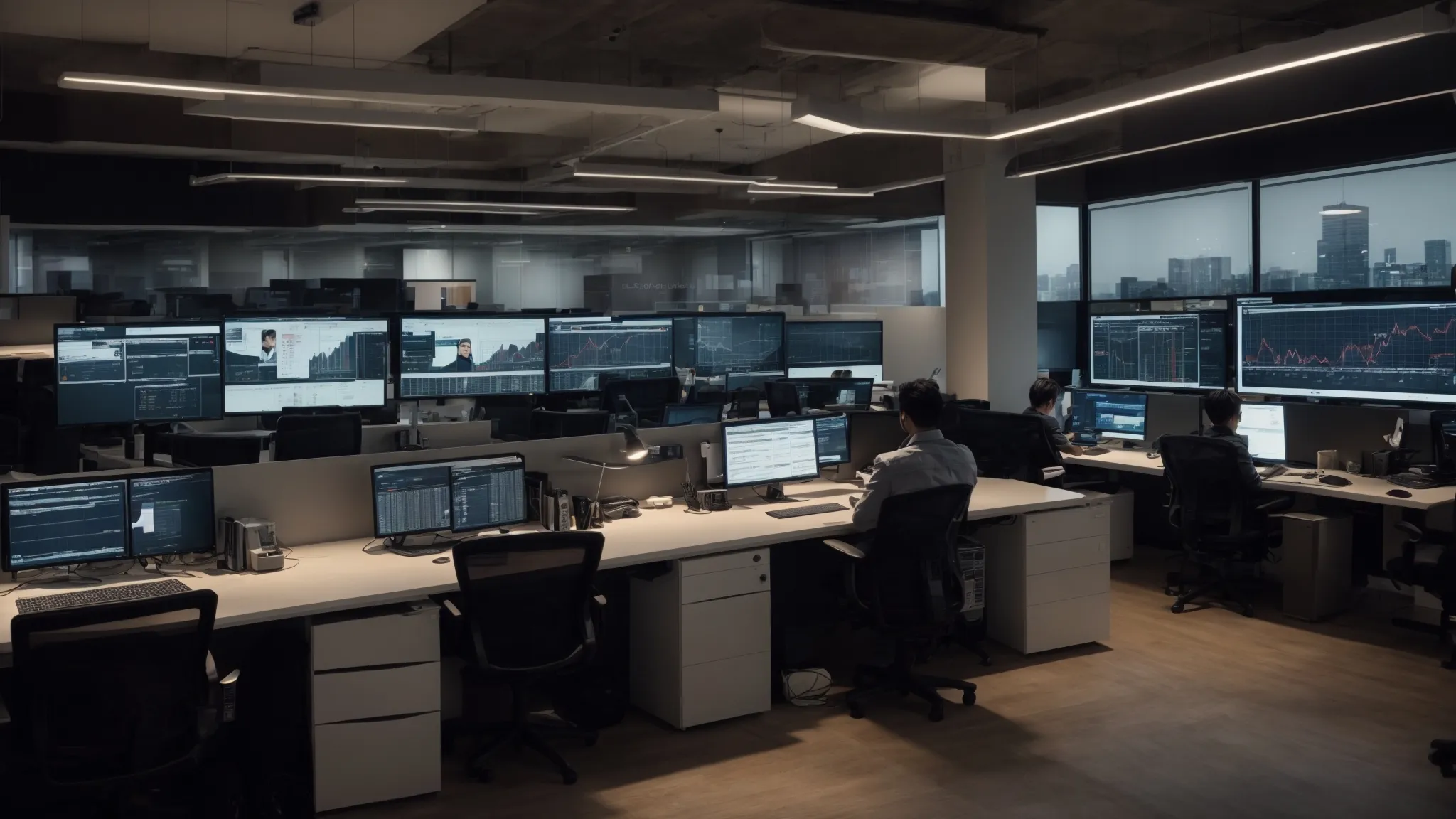 a bustling digital marketing office with multiple computer screens displaying graphs and analytics dashboards.