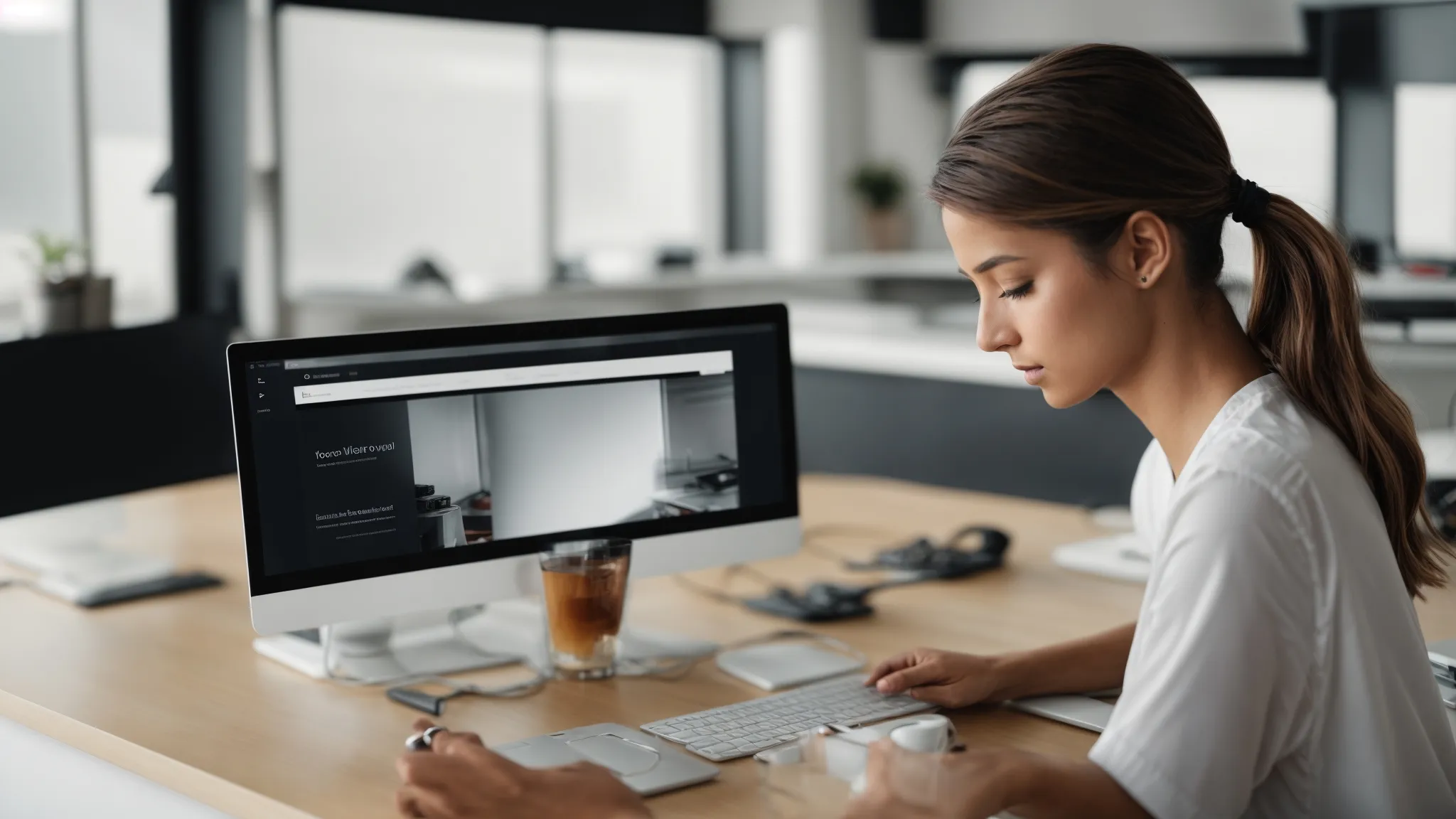 a user interacts with a streamlined, intuitively designed website on a computer in a bright, modern office setting.