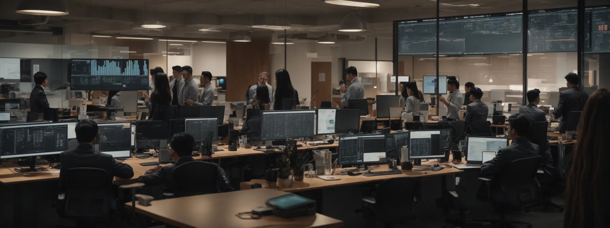 a bustling digital marketing office with professionals strategizing around a large monitor displaying a web of connections.