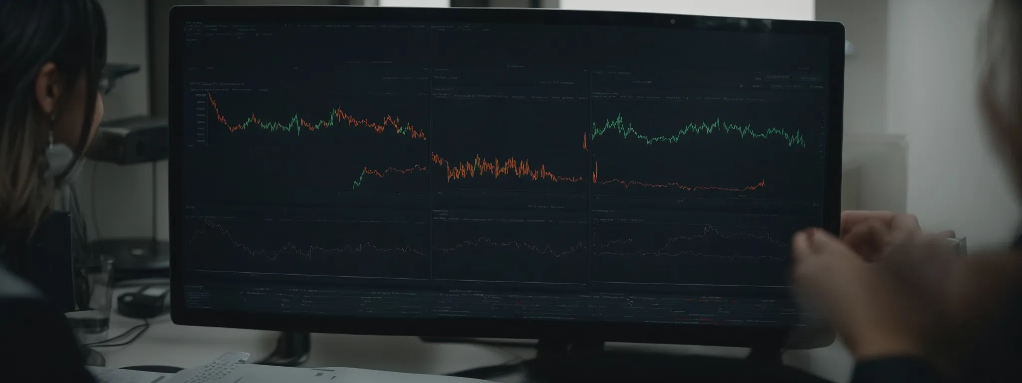 a person examining complex graphs and charts on a computer screen depicting website analytics.