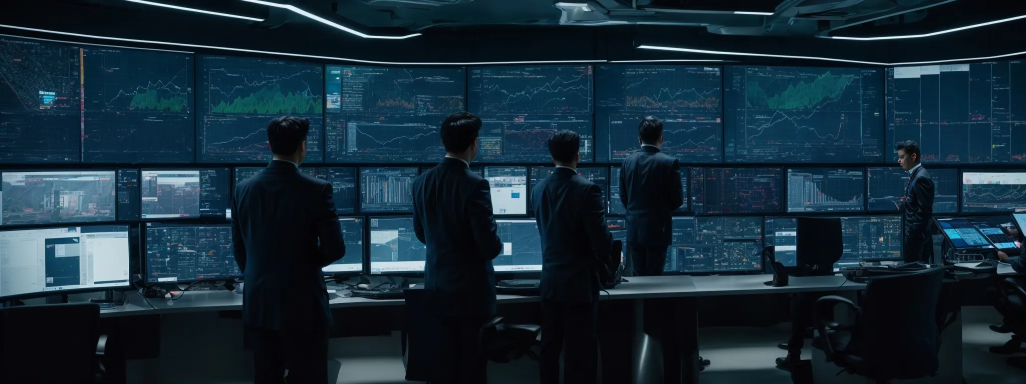 a futuristic command center with individuals monitoring seo analytics on large screens, symbolizing conductor's innovative front in tech growth.