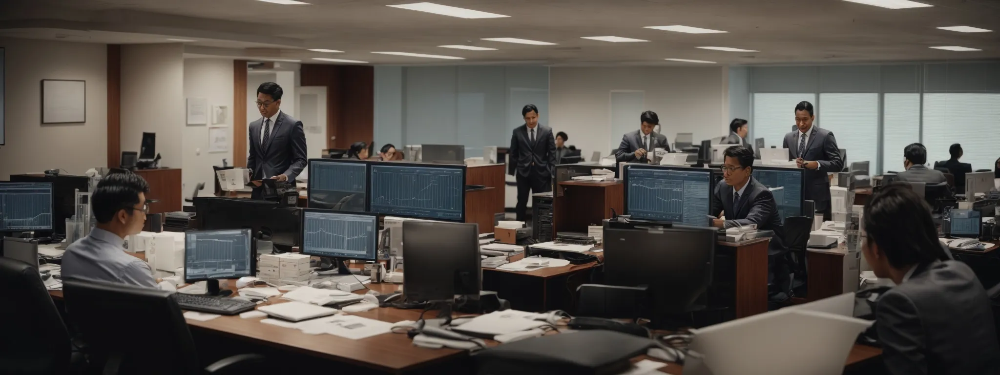 a bustling law office where attorneys are gathered around a computer, analyzing digital marketing data graphs.