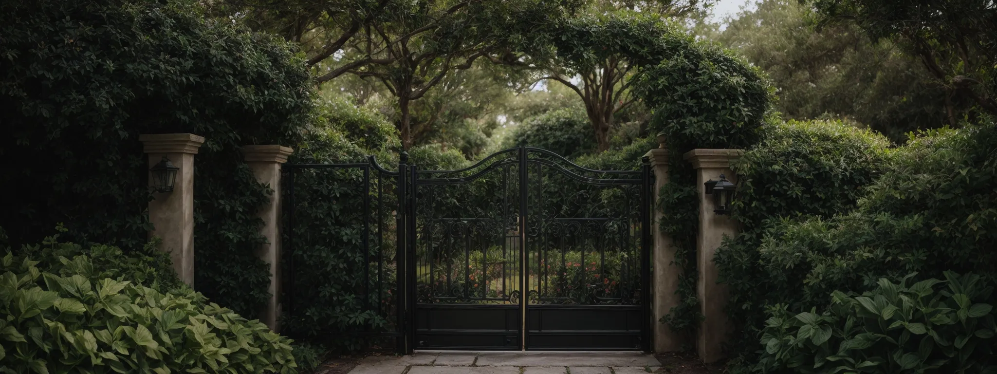 a closed metal gate within a lush garden pathway, symbolizing exclusive members-only access while hinting at the underlying structure for optimized navigation.