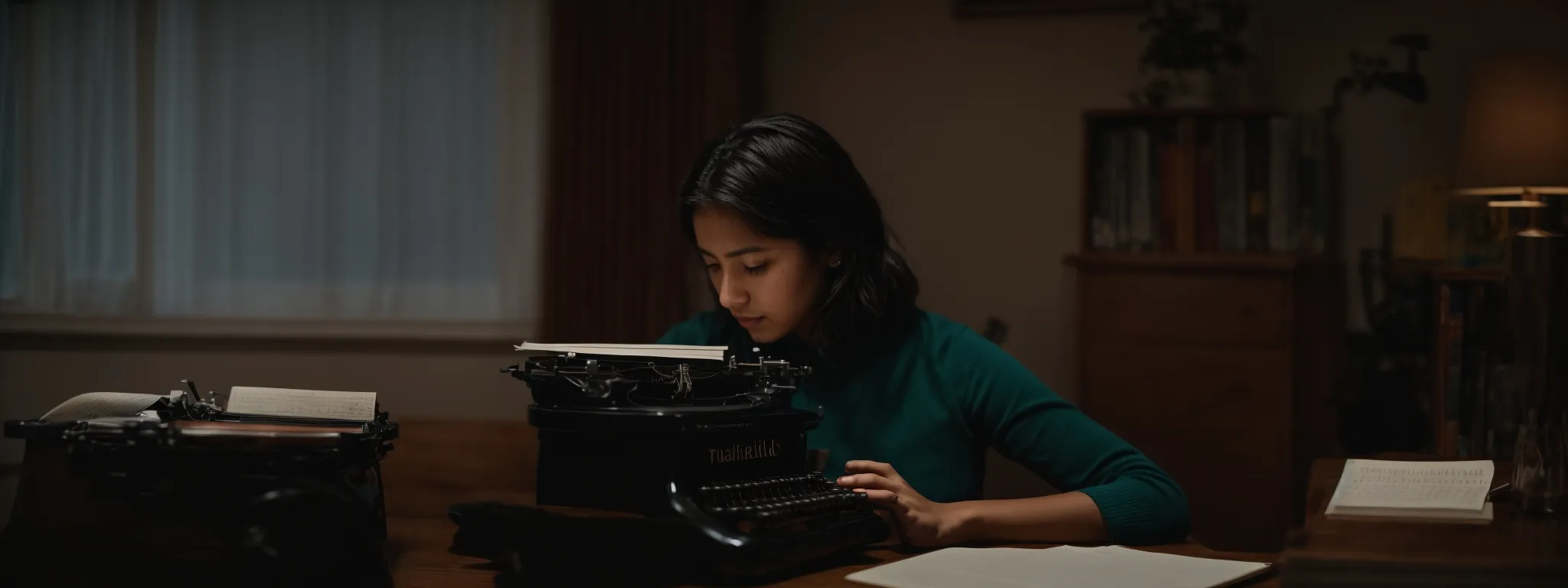 an author thoughtfully composing a tale in a quiet room with a vintage typewriter and a notebook by her side.