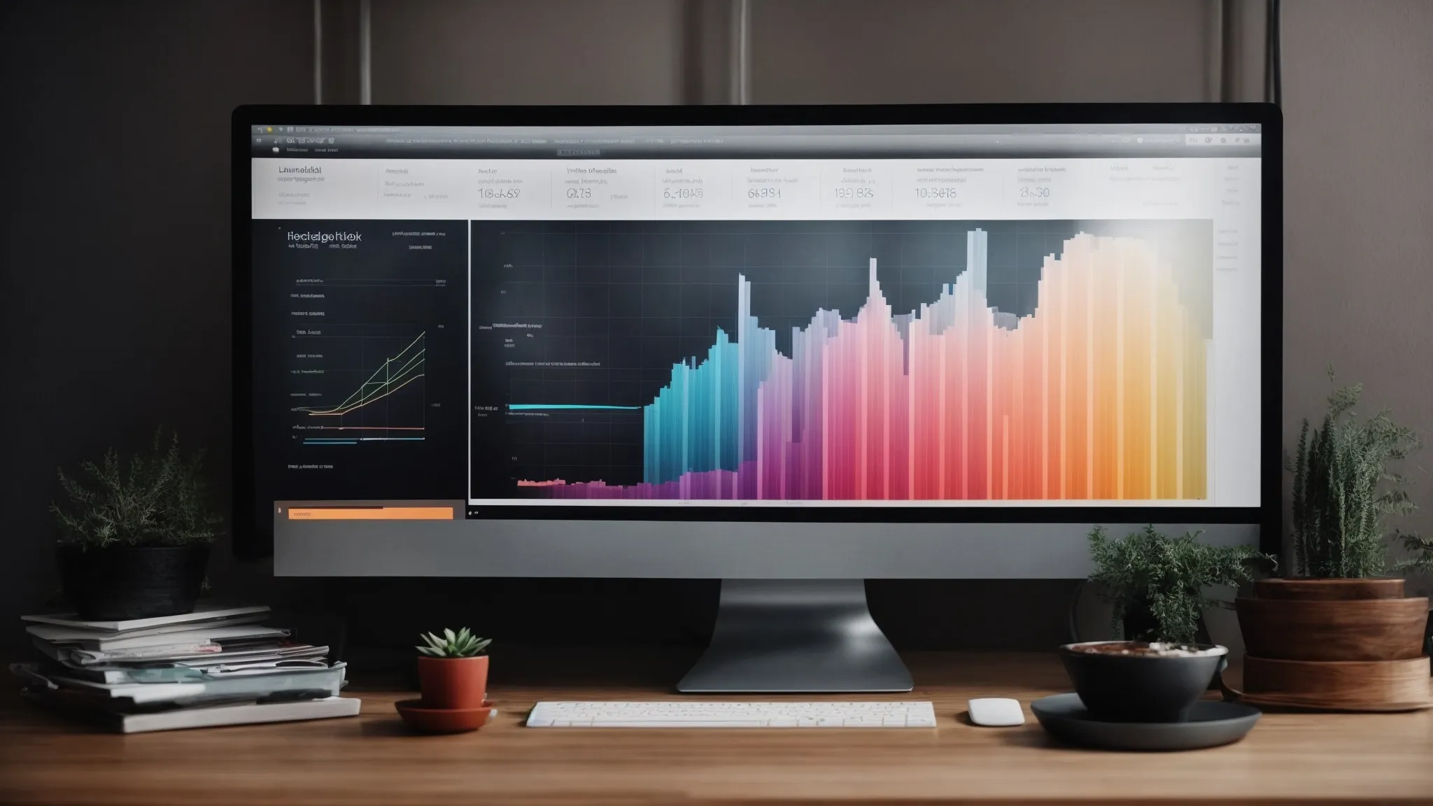 a computer screen displaying colorful graphs and charts representing website traffic analytics for an interior design firm.
