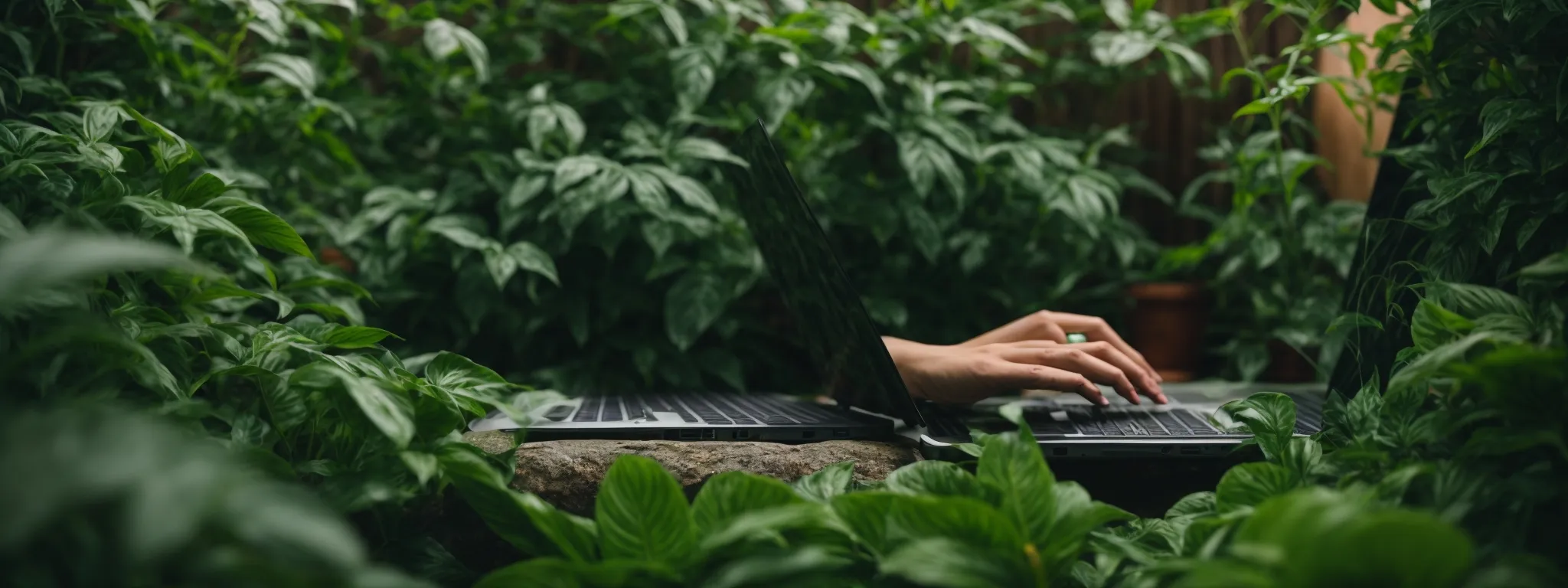 a person typing on a laptop surrounded by green plants symbolizing the growth potential through seo optimization on a wordpress blog.