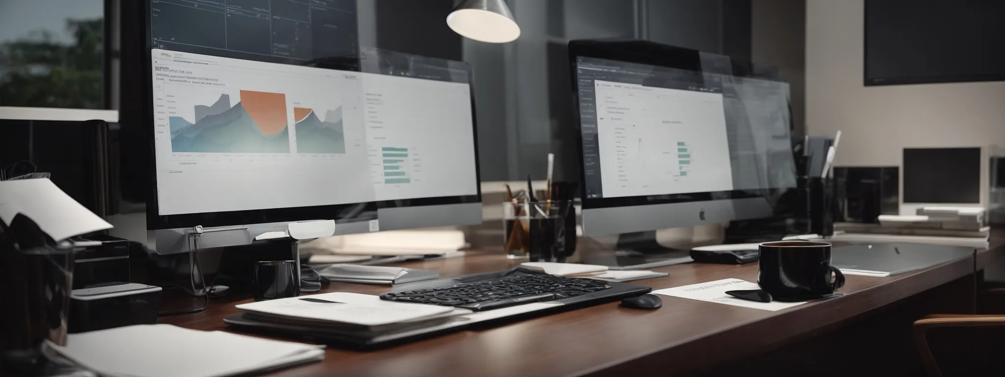 a tidy office desk with a modern computer displaying graphs and a cup of coffee to the side, conveying an organized approach to financial management.