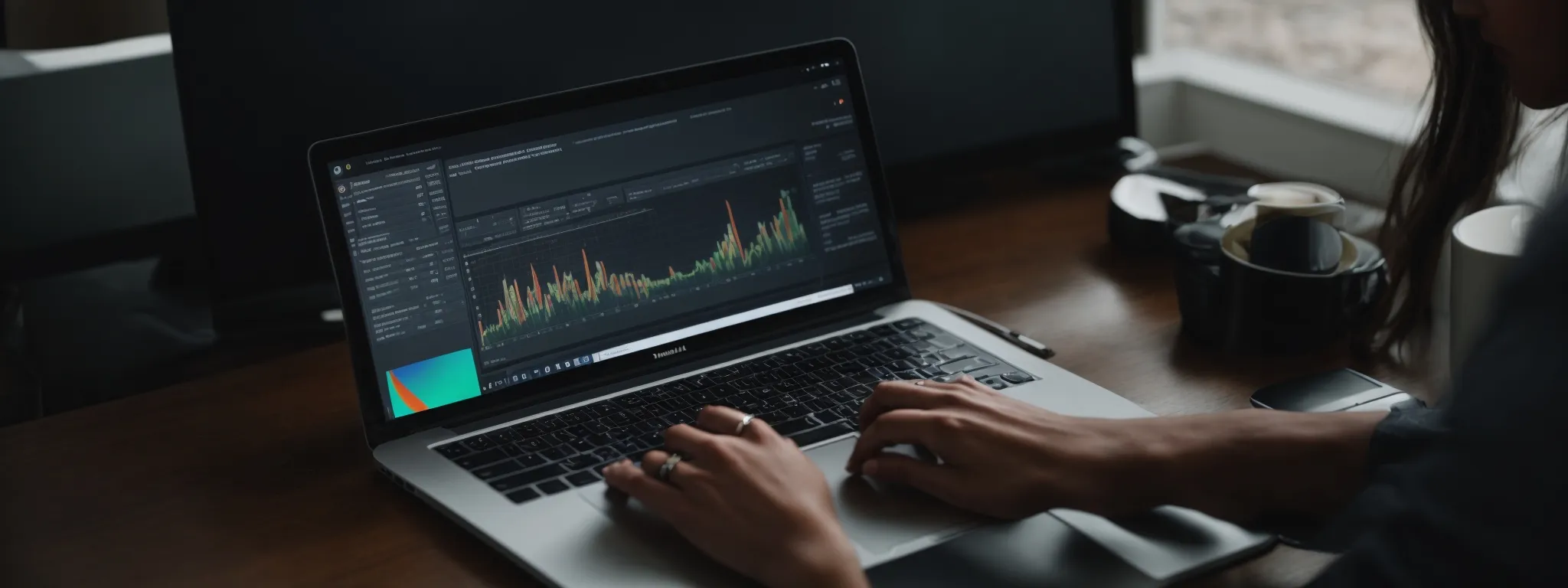 a person typing on a laptop with an array of digital marketing analytics displayed on the screen.