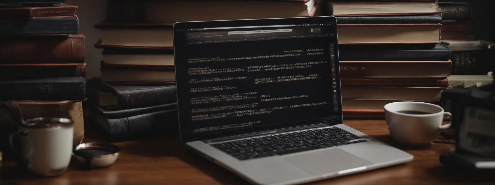 a laptop with a website's html code displayed on the screen, surrounded by books on seo and digital marketing.