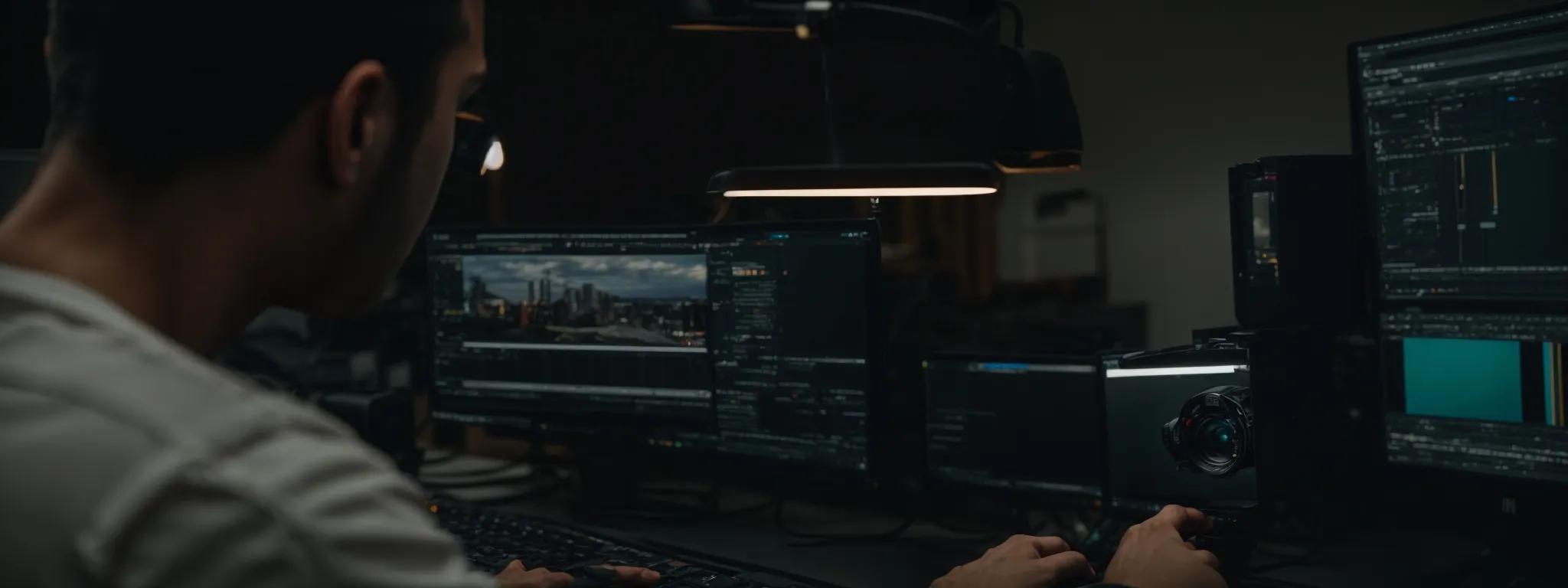 a camera focuses on a creative director editing a high-quality video on a professional workstation.