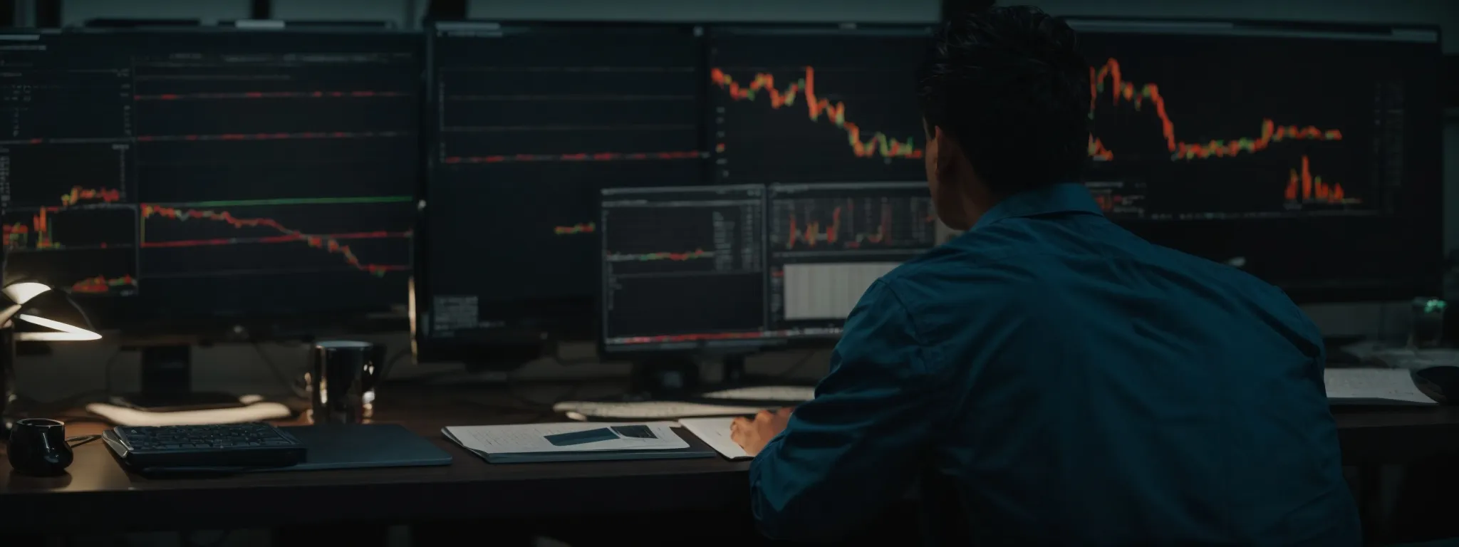 a person sitting at a desk with a computer, intently analyzing charts and data to optimize a website's seo.