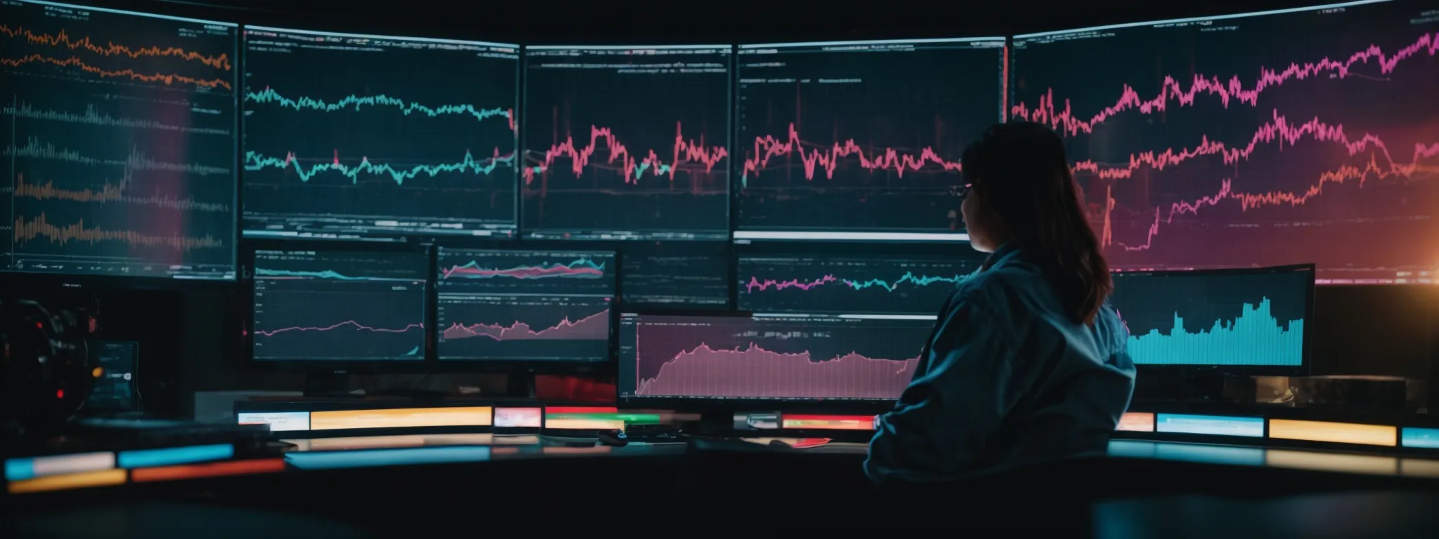 a person sits in front of a large monitor displaying colorful graphs and website traffic statistics, immersed in analysis.