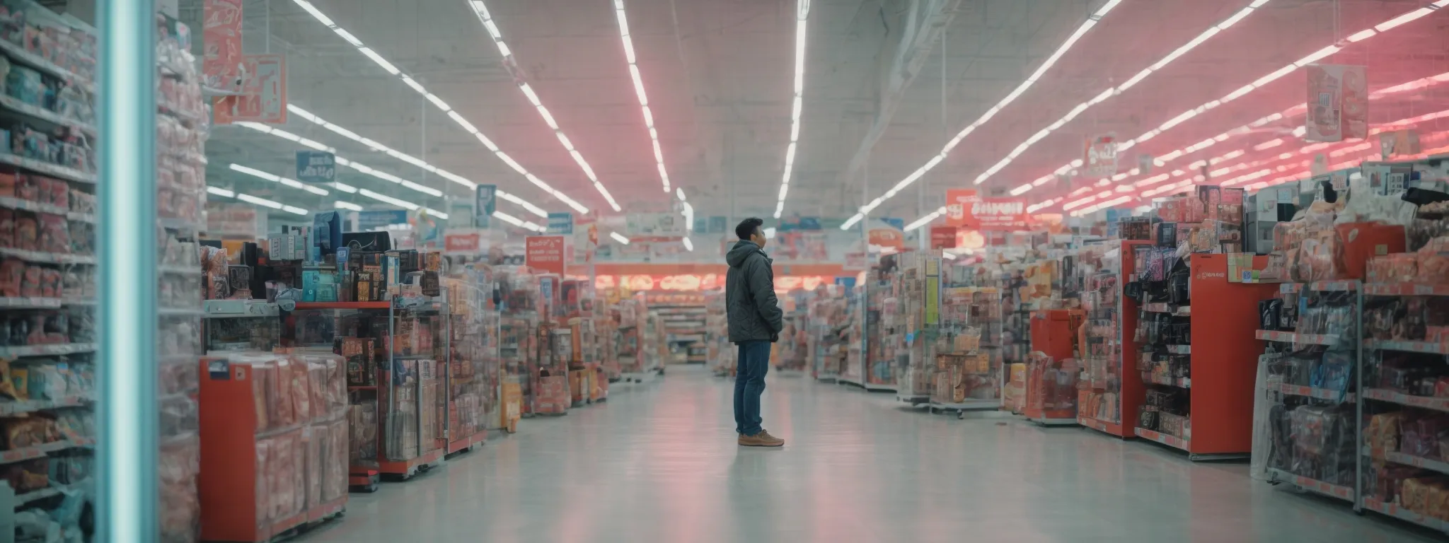 a shopper stands perplexed in an electronics store aisle, surrounded by a multitude of options under the bright fluorescent lights.