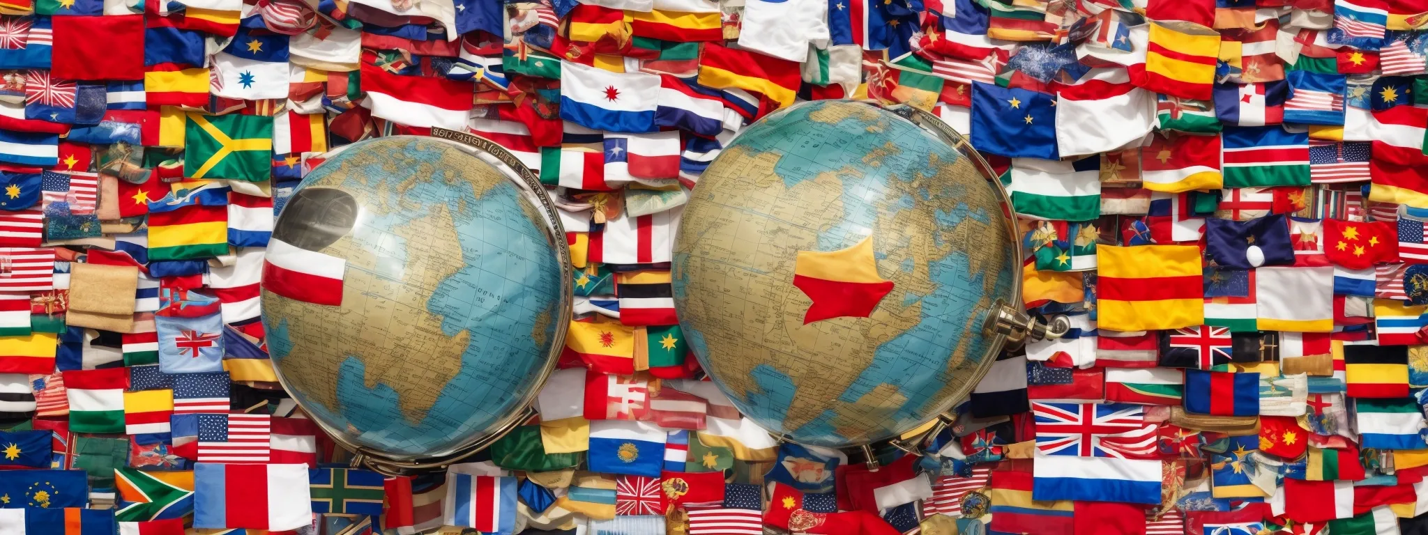 a globe surrounded by various national flags with a magnifying glass focusing on a world map.