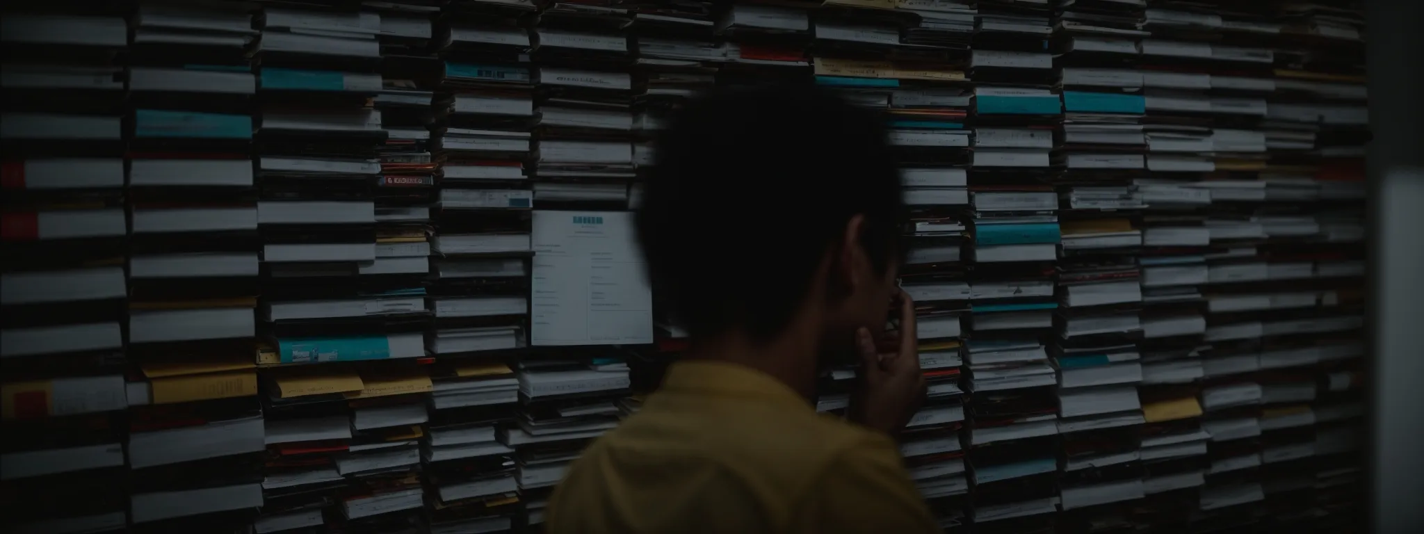 a person ponders over a collection of file folders representing directories with a computer screen in the background showing a search engine's home page.