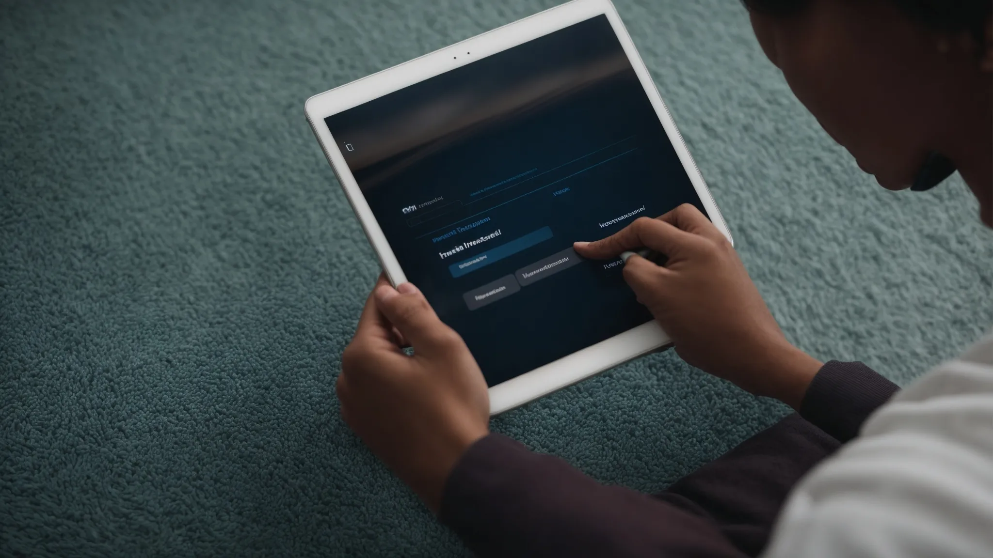 a person uses a tablet to manage a carpet cleaning service's social media profiles.