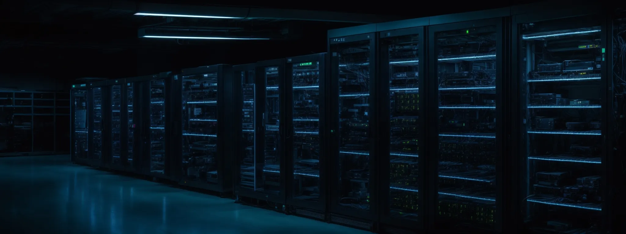 a server room with rows of modern equipment and glowing lights indicating active network operations.