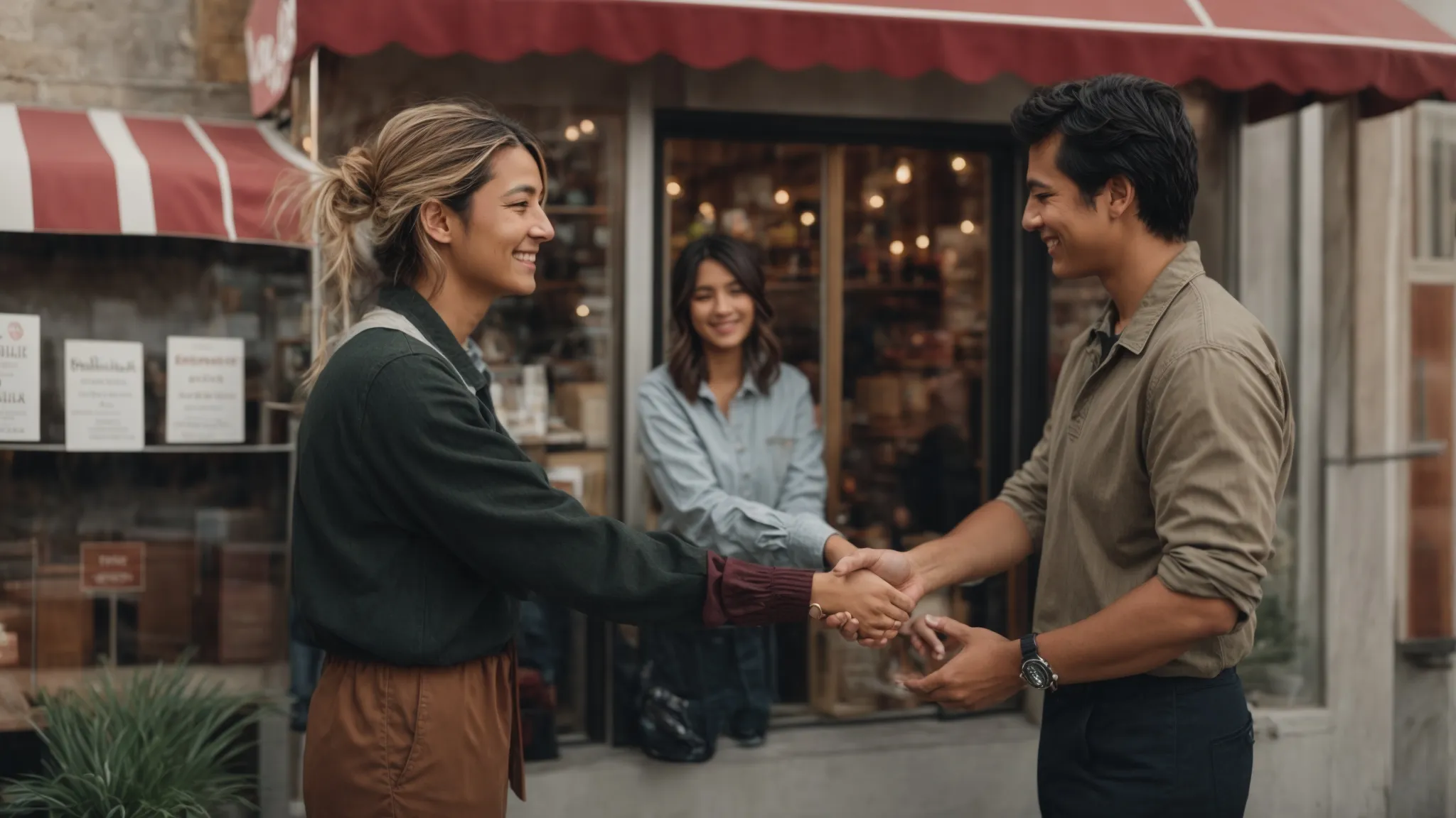 a satisfied customer shakes hands with a local business owner in front of a cozy storefront.