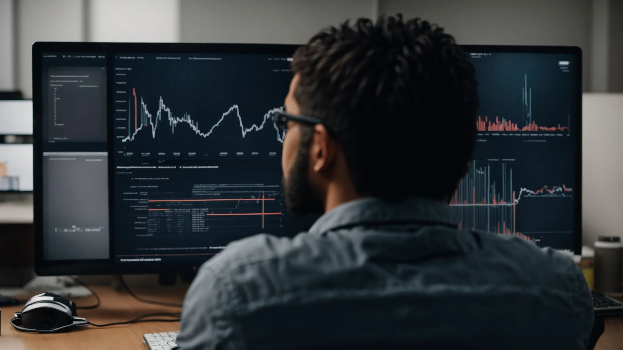 a person sitting in front of a computer with multiple graphs and data analytics on the screen.