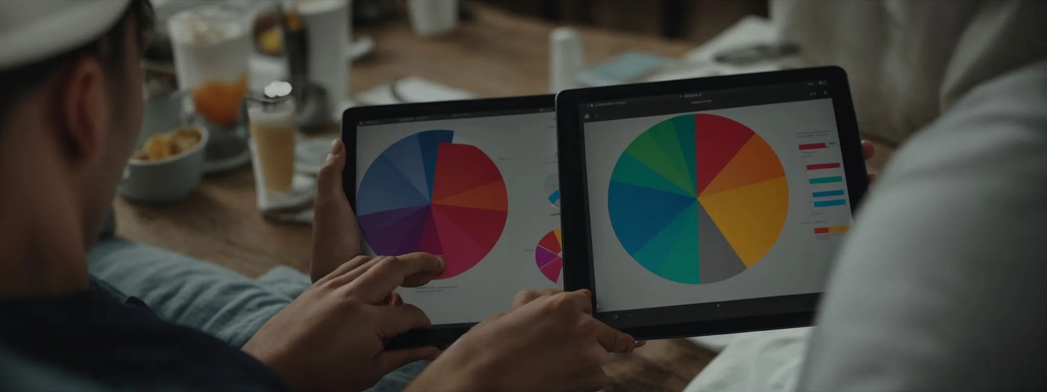 a vendor analyzing a colorfully detailed pie chart on a digital tablet, representing different aspects of amazon seo optimization.