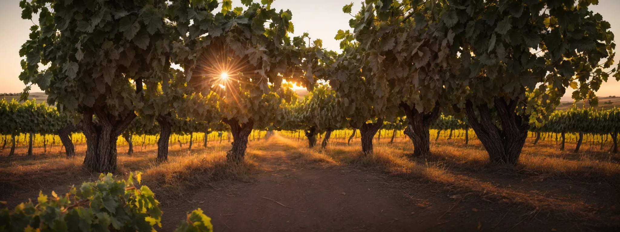 a vineyard at sunset with rows of grapevines stretching into the horizon, symbolizing the rich tradition and storytelling within the wine industry.