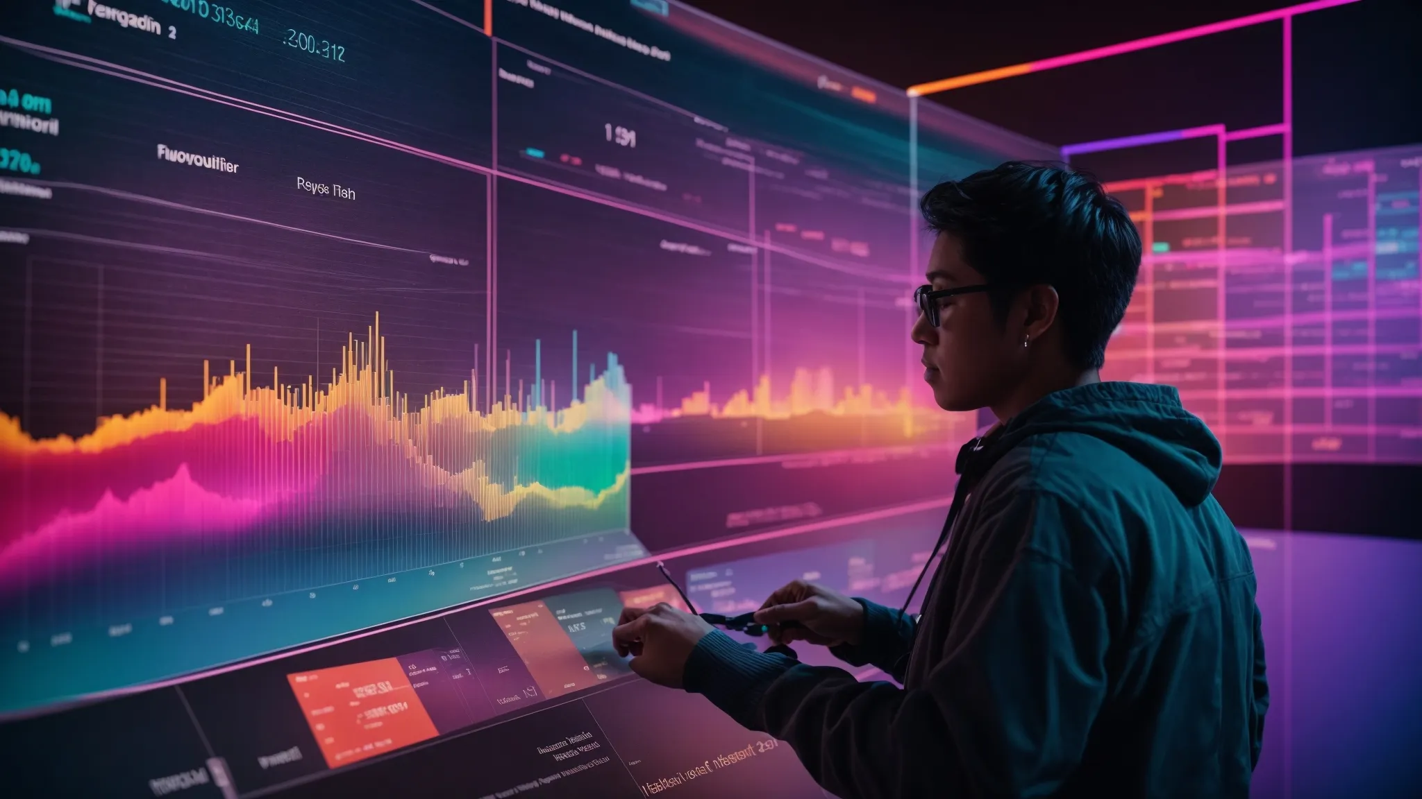 a person interacts with a giant, colorful dashboard displaying graphs and analytics representing search engine trends and keyword volumes.