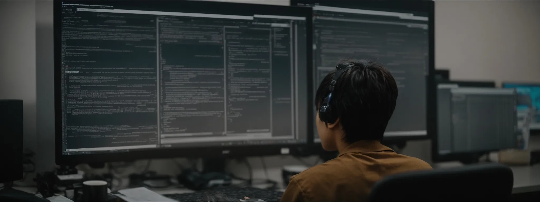 a person working intently on a computer with a search engine results page displayed on the screen.