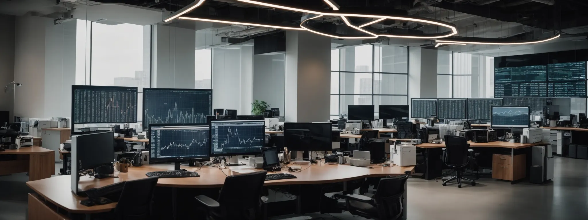 a panoramic view of a modern office with computers displaying graphs and analytics on the screens.