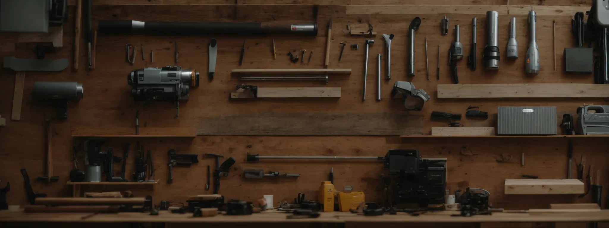 a carpenter methodically organizes tools on a workshop board, mimicking a structured website layout.