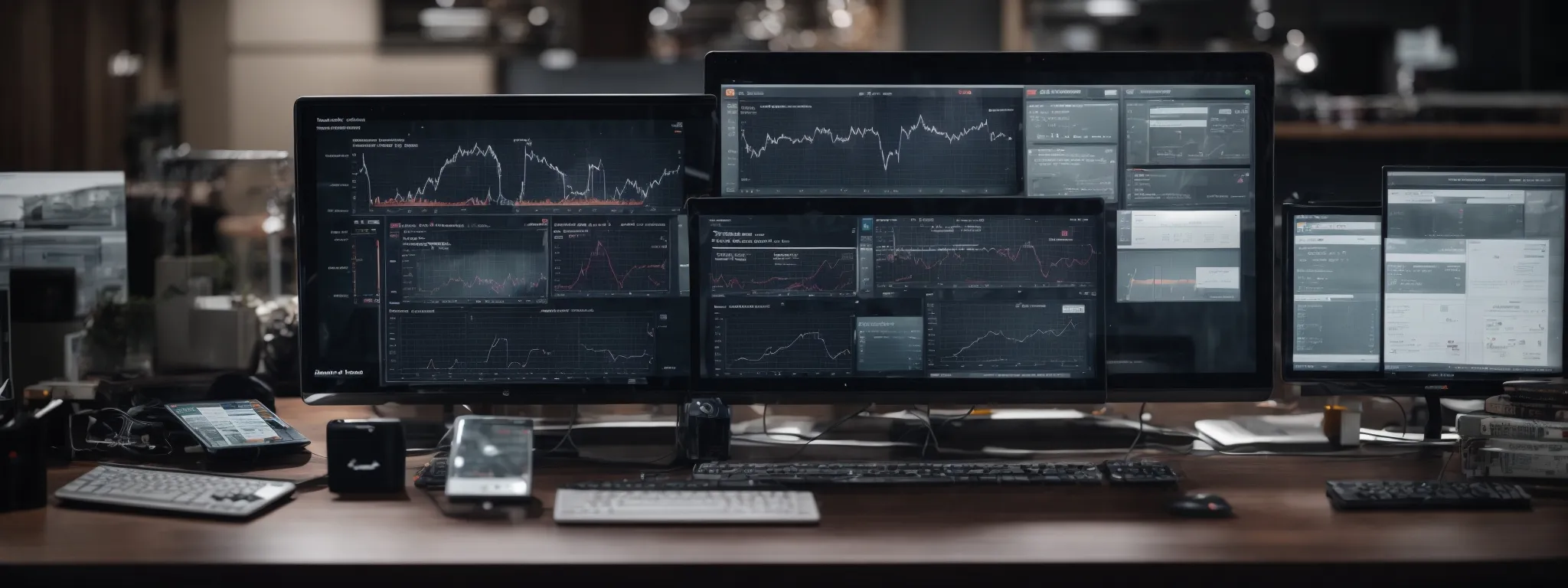 an array of digital devices displaying graphs and content management interfaces, surrounded by icons symbolizing analytics and strategy.