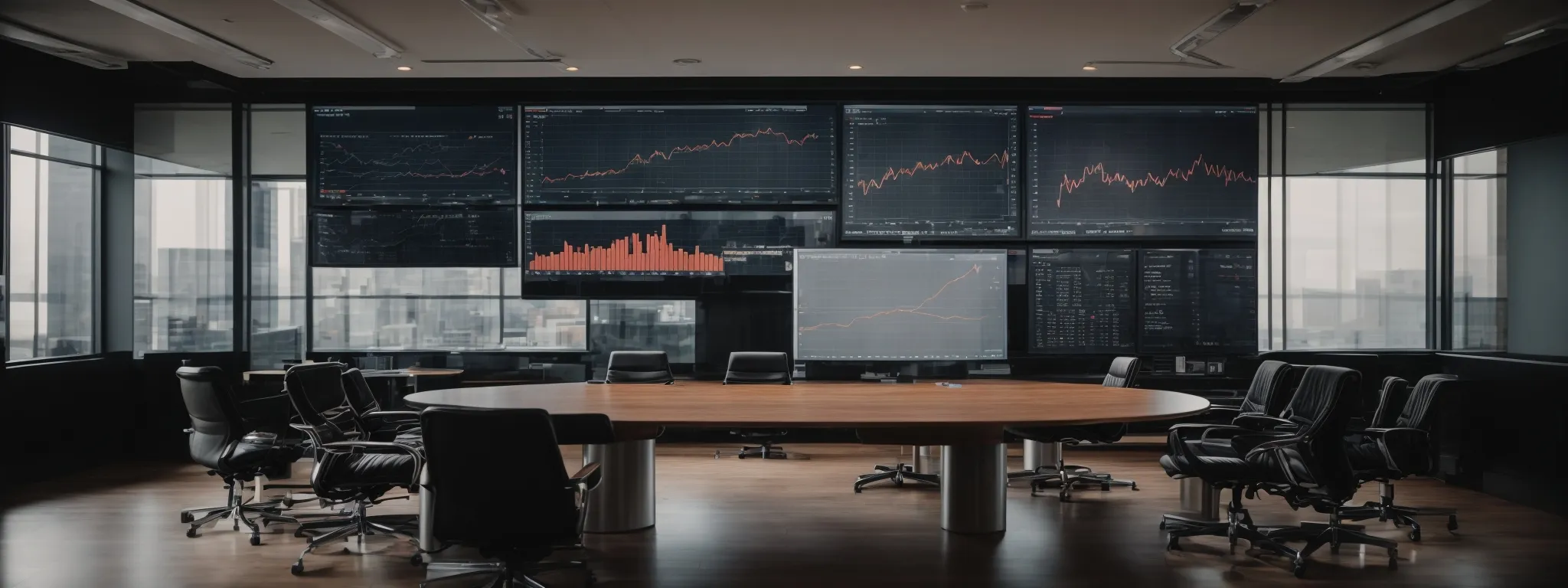 a professional meeting room with a large screen displaying a graph and charts related to search engine rankings and traffic growth.