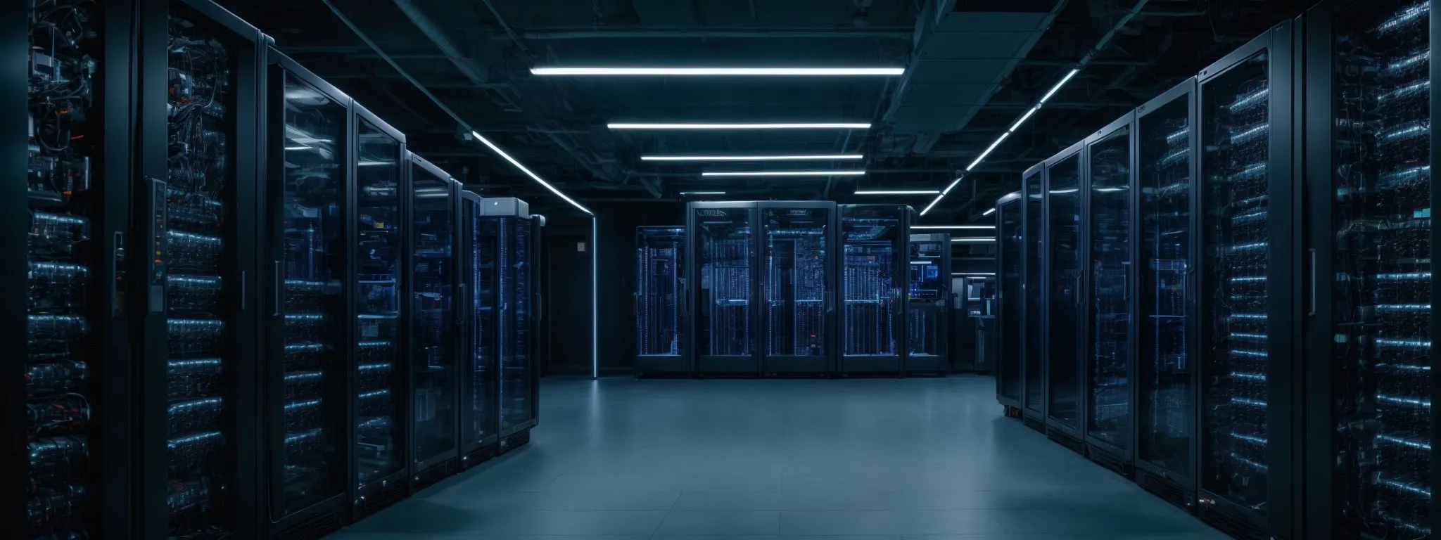 a server room with rows of modern equipment illuminated by led lights, symbolizing secure and stable internet hosting facilities.