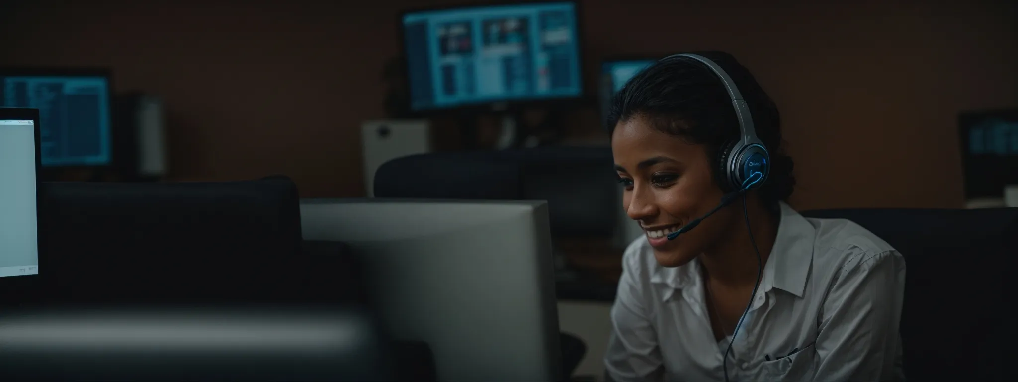 a customer service representative wearing a headset smiles while engaging with a client on a computer screen showing a live chat interface.