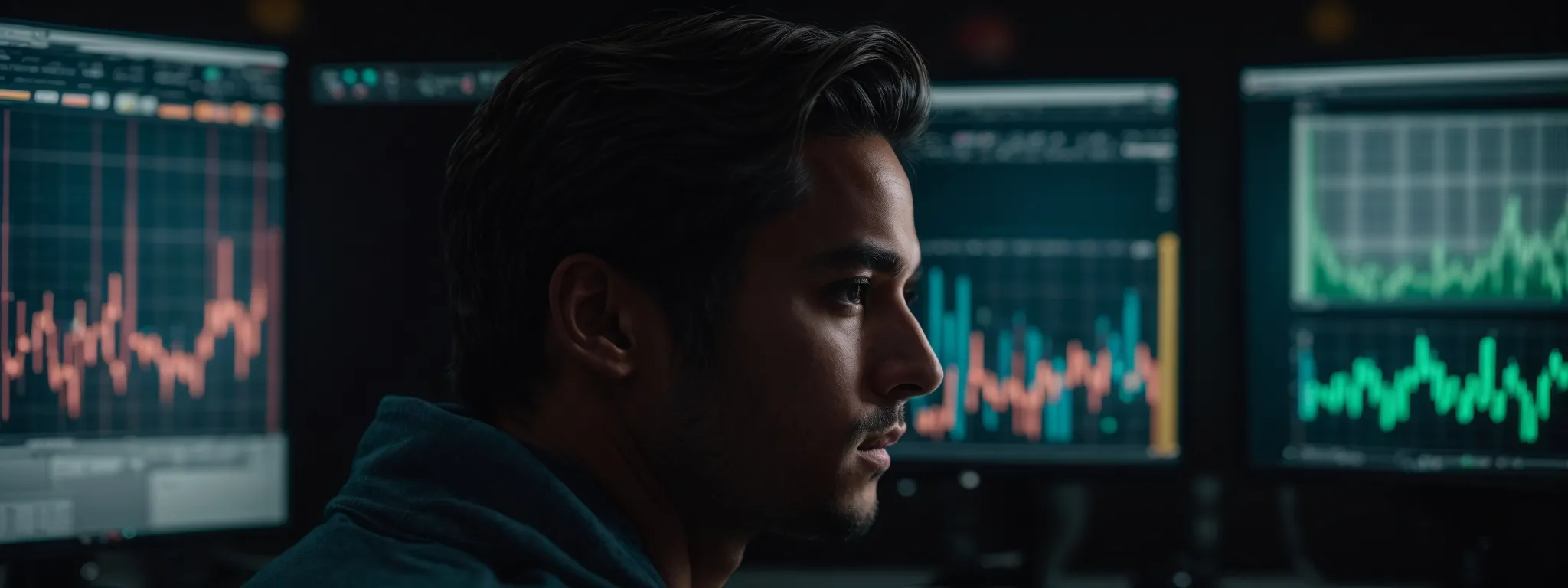 a focused individual gazes intently at a large, vibrant computer screen displaying fluctuating graphs and data analytics.