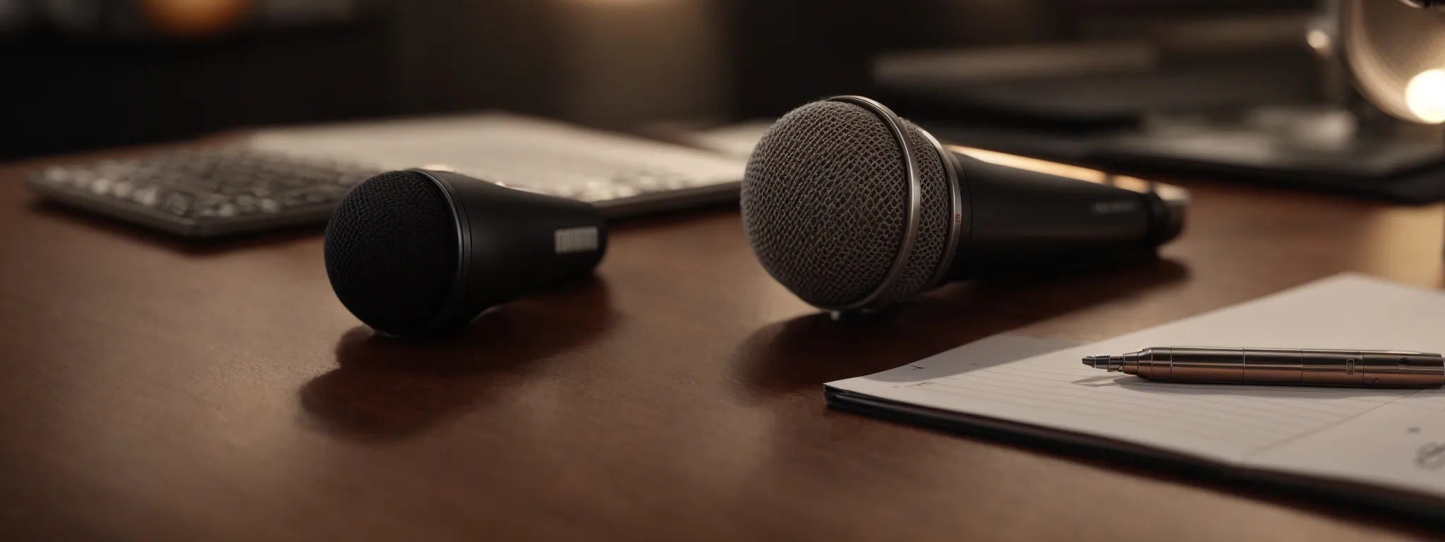 a microphone surrounded by soft lighting and a notepad on a table, encapsulating the ambiance of podcast creation and the strategic thinking behind the scene.