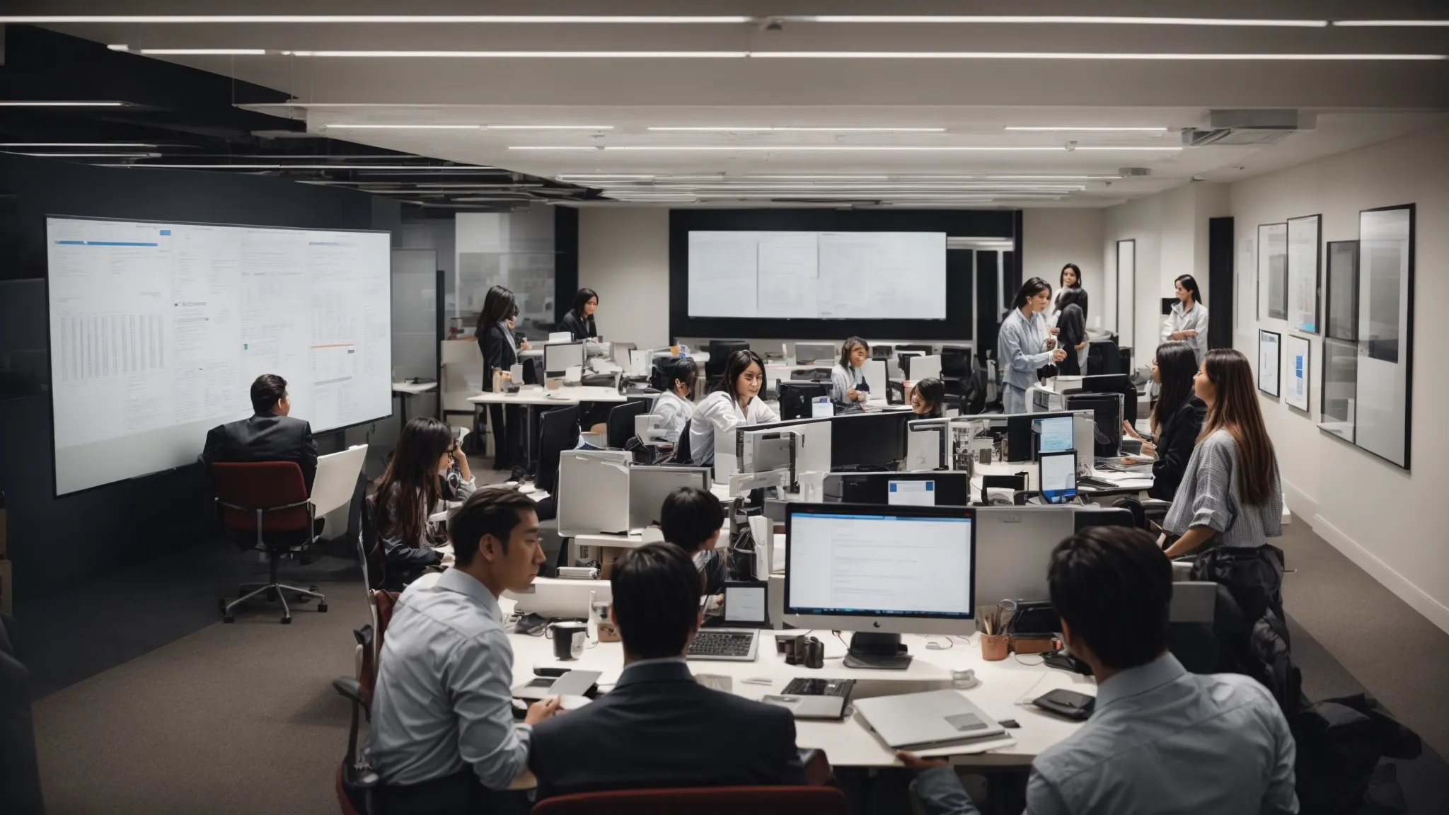 a bustling office with computers and marketing professionals strategizing over a whiteboard.