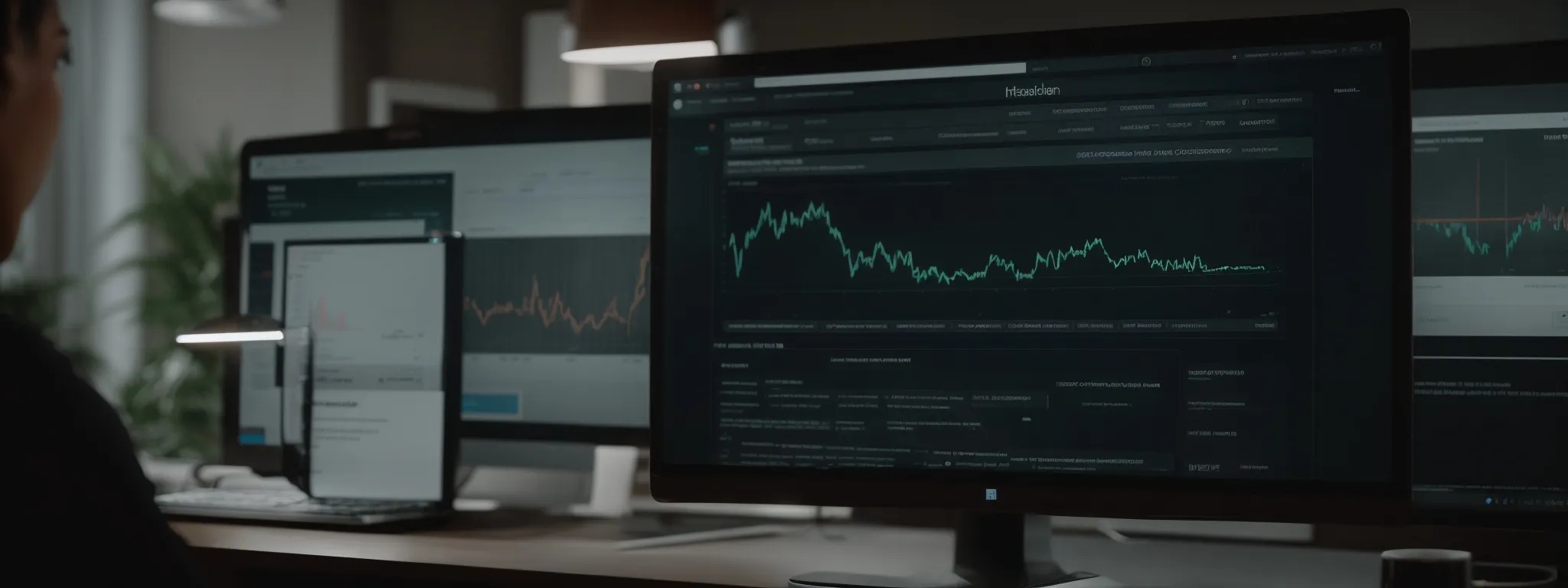 a computer screen displays a website with a notification about impending domain renewal while an analytics dashboard shows traffic trends in the background.