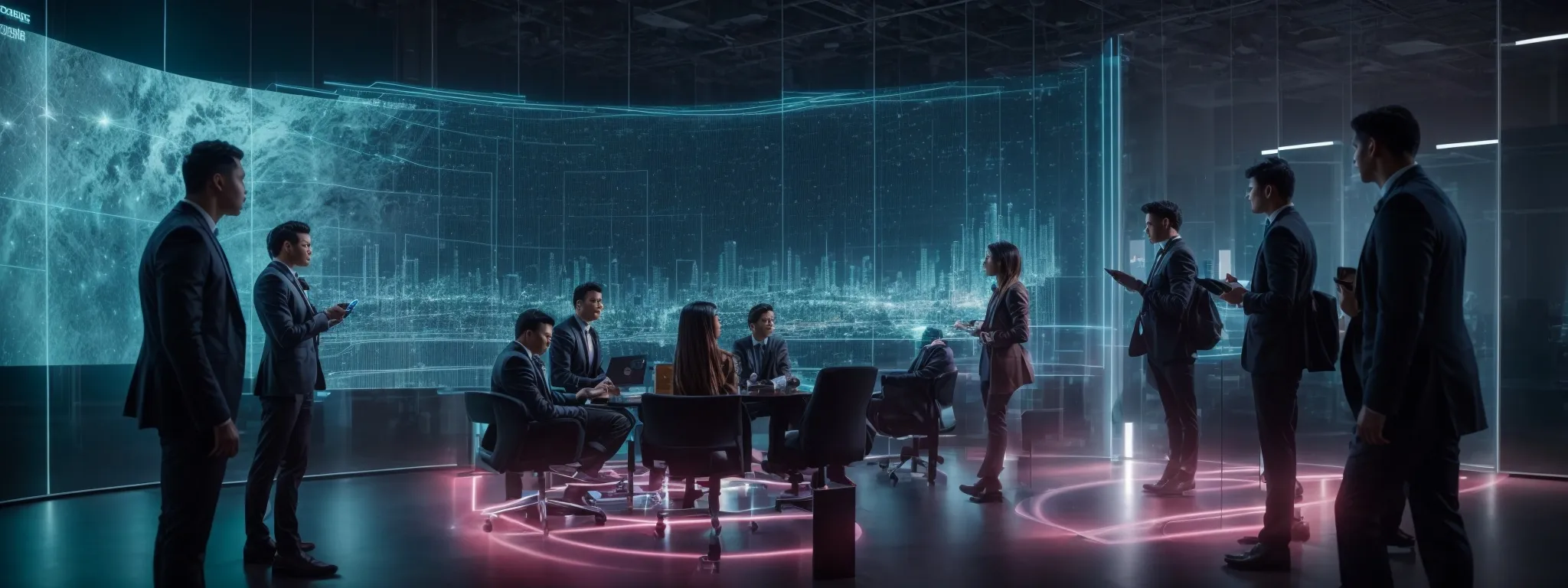 a team of professionals gather around a holographic display showing rising analytics and seo trends.