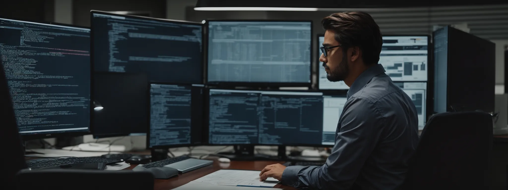 a developer sits in a modern office, engrossed in optimizing code on a computer screen, with flowcharts and diagrams related to seo strategies in the background.