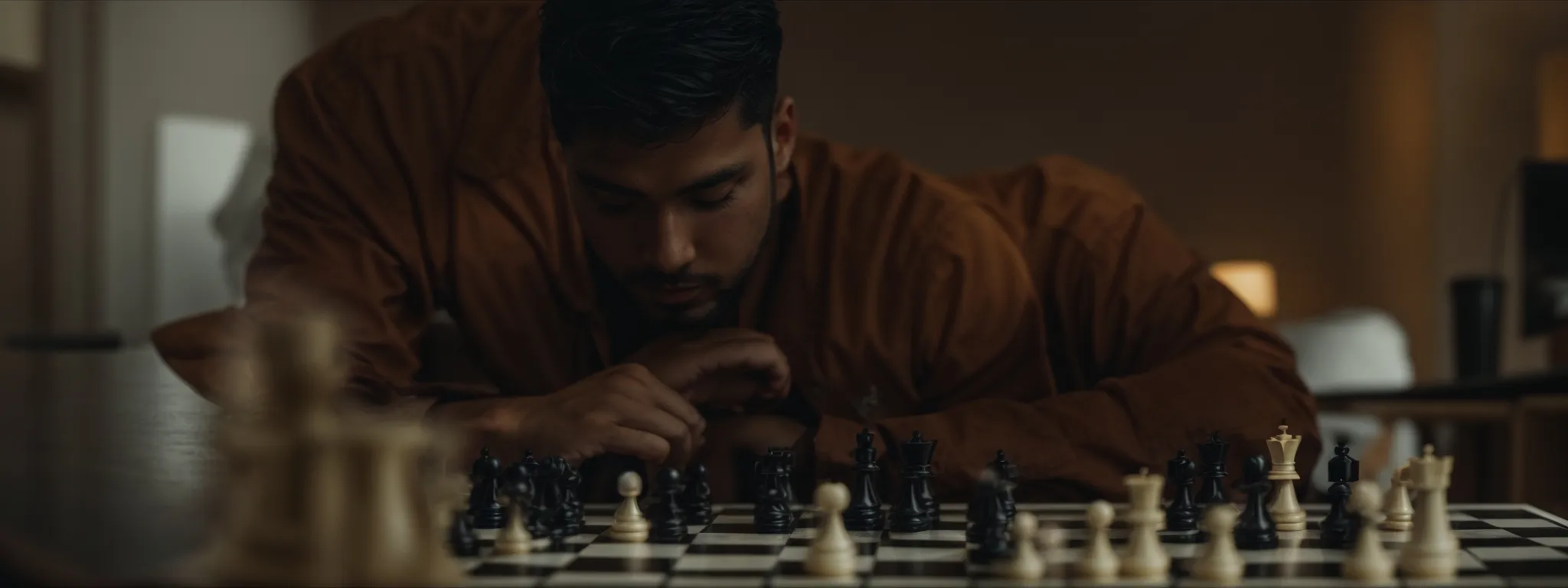 a chessboard with one player pondering a move, symbolizing strategizing in seo with expired domains.