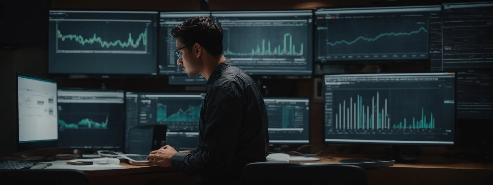 a digital strategist intently analyzes data on a computer screen filled with seo metrics and trend graphs.