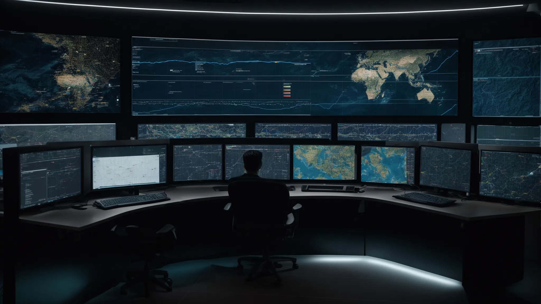 a high-tech control room with large screens displaying data analytics and maps pinpointing beacon locations.