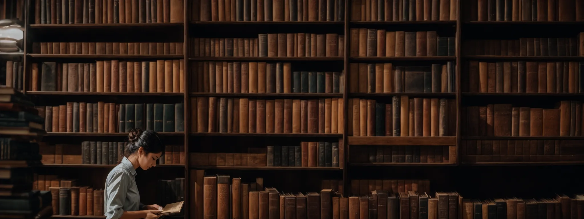 a librarian is organizing a bookshelf filled with vintage tomes, aligning them perfectly on the polished wooden rack.