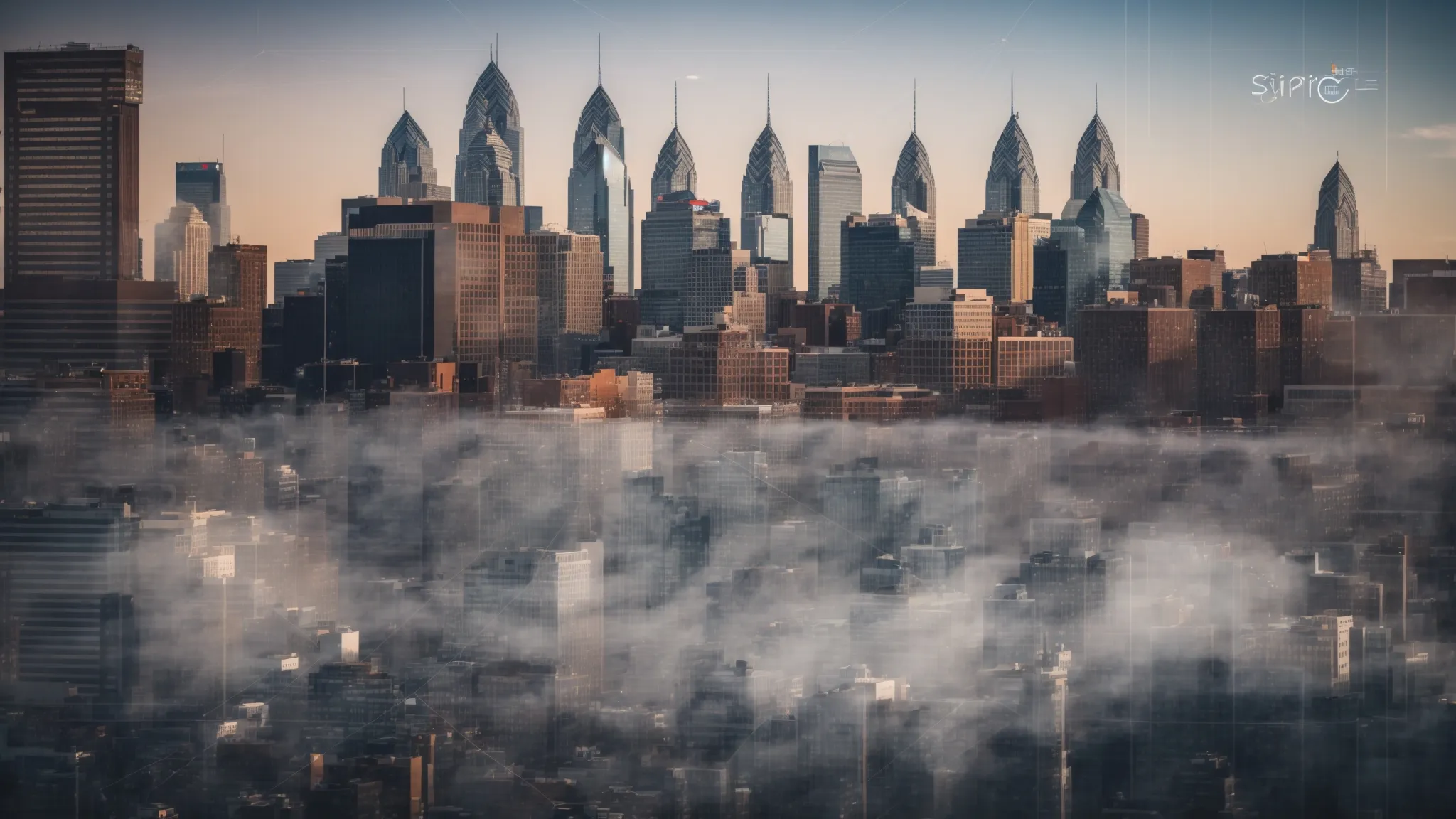 a skyline of philadelphia with a subtle overlay of digital graphs and web icons symbolizing seo services.