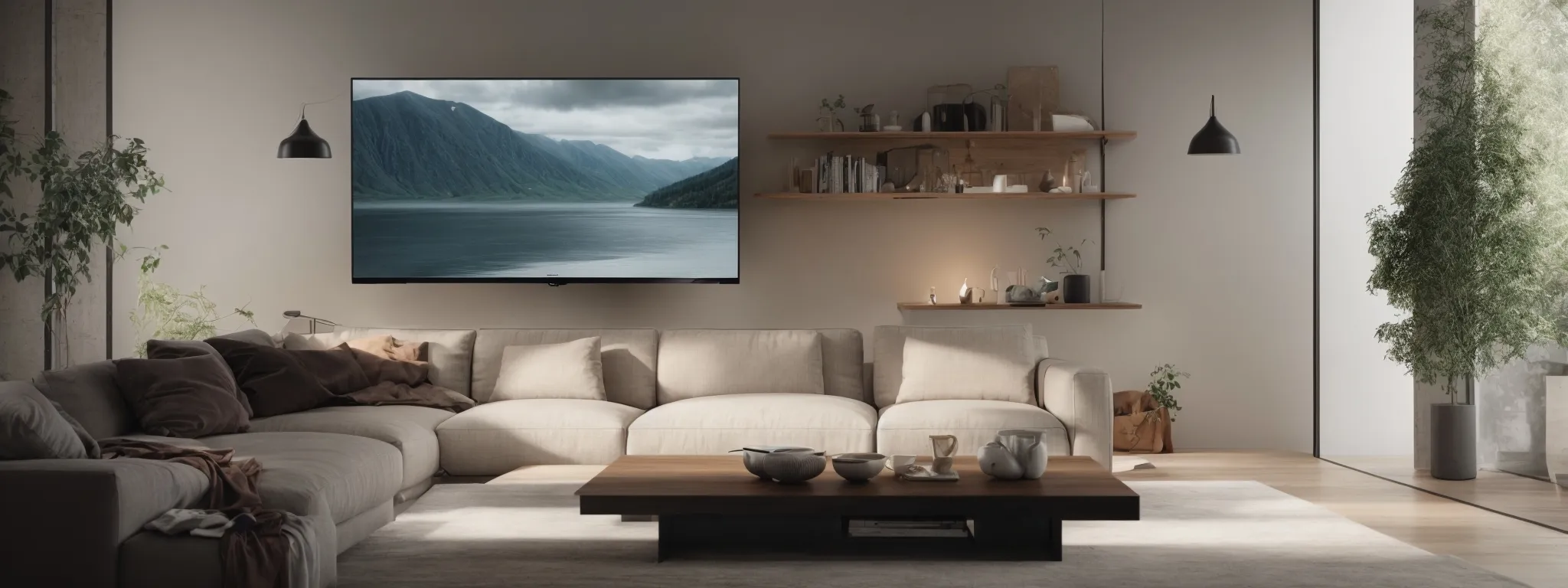 a person sits comfortably on a couch, absorbed in content displayed on a large, sleek smart tv in a minimalist living room.