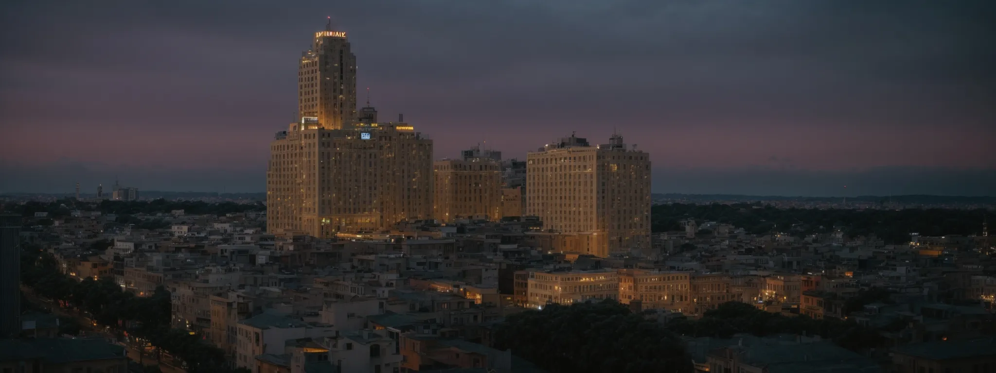 a cityscape at dusk with a prominent hotel facade illuminated, standing out amidst the surrounding architecture.