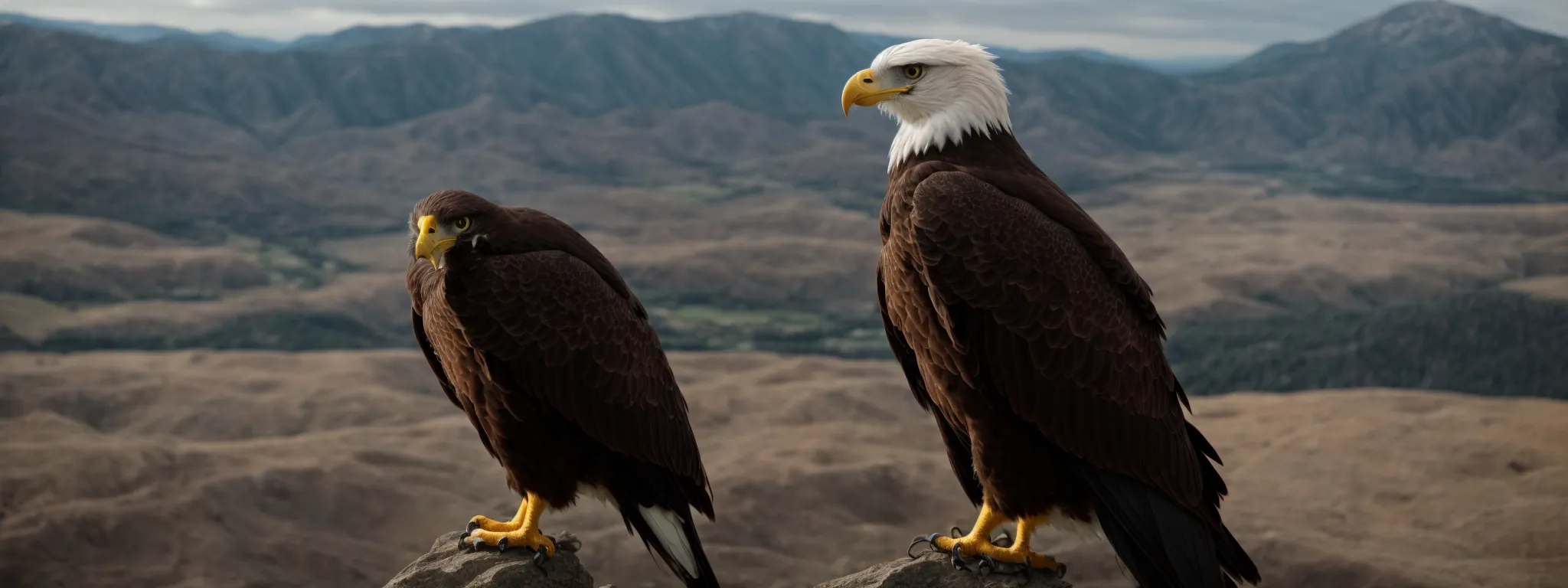a cautious eagle perched on a high vantage point, surveying the landscape below for any signs of danger.