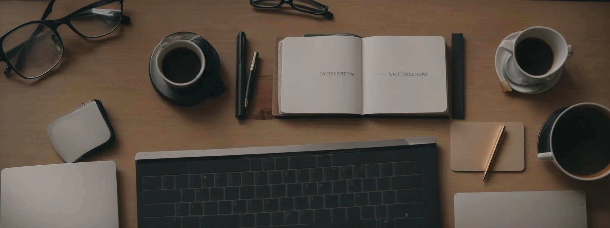 a keyboard and a notepad with an seo strategy flowchart next to a cup of coffee on a desk.